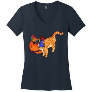 Costume Wizard Kitty Cat And Halloween Candy Bucket Women's V-Neck T-Shirt