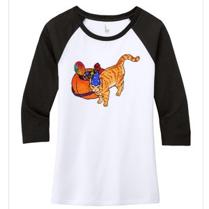 Costume Wizard Kitty Cat And Halloween Candy Bucket Women's Tri-Blend 3/4-Sleeve Raglan Shirt