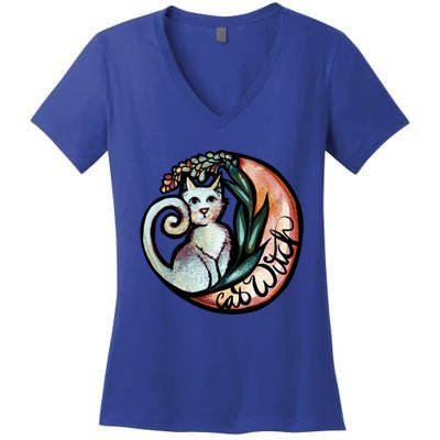 Cat Witch Kitty Cats Moon Witches Artwork Gift Women's V-Neck T-Shirt