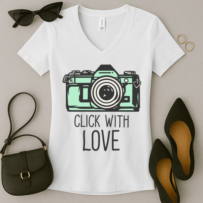 Click With Love With Camera Women's V-Neck T-Shirt