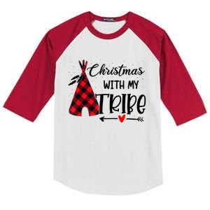 Christmas With My Tribe Red Plaid Family Matching Outfit Gift Kids Colorblock Raglan Jersey