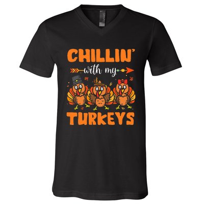 Chillin With My Turkeys Thanksgiving Family V-Neck T-Shirt