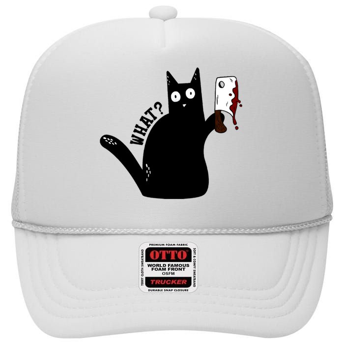 Cat What? Murderous Black Cat With Cleaver Gift For Cat Lover High Crown Mesh Back Trucker Hat