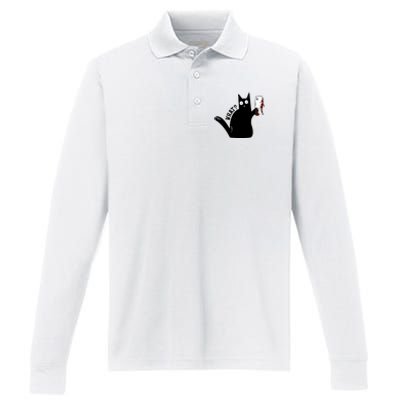 Cat What? Murderous Black Cat With Cleaver Gift For Cat Lover Performance Long Sleeve Polo