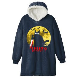 Cat What Murderous Black Cat Holding Knife Funny Halloween Hooded Wearable Blanket