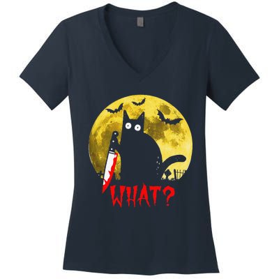 Cat What Murderous Black Cat Holding Knife Funny Halloween Women's V-Neck T-Shirt