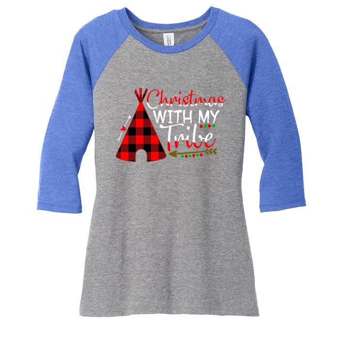 Christmas With My Tribe Red Plaid Family Matching Outfit Gift Women's Tri-Blend 3/4-Sleeve Raglan Shirt