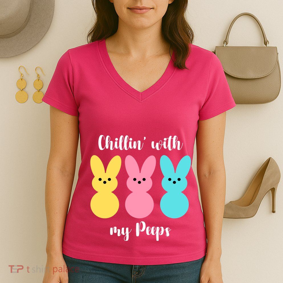 Chillin With My Peeps Easter Bunny Funny Cute Women's V-Neck T-Shirt