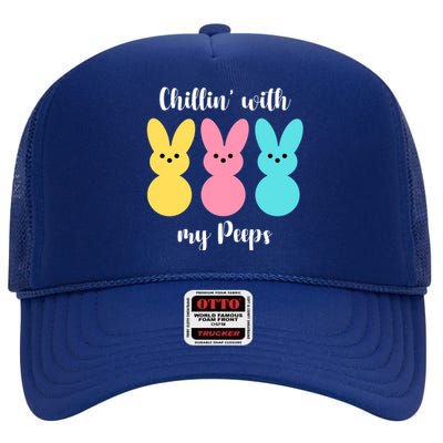 Chillin With My Peeps Easter Bunny Funny Cute High Crown Mesh Back Trucker Hat