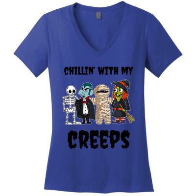 Chillin With My Creeps Monster Witch Vampire Skeleton Mummy Gift Women's V-Neck T-Shirt