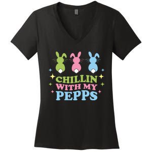 Chillin With My Peeps Funny Easter Bunnies Women's V-Neck T-Shirt