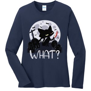 Cat What Murderous Black Cat With Knife Halloween Costume (1) Ladies Long Sleeve Shirt