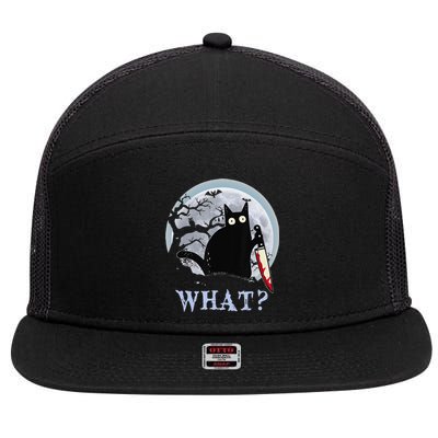 Cat What Murderous Black Cat With Knife Halloween Costume 7 Panel Mesh Trucker Snapback Hat