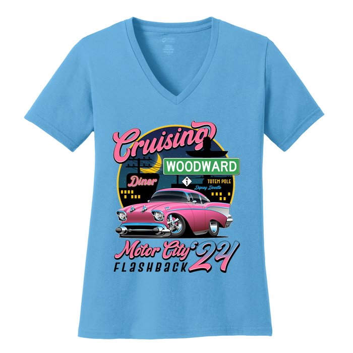 Cruising Woodward Motor City Flashback 2024 Pink Version Women's V-Neck T-Shirt