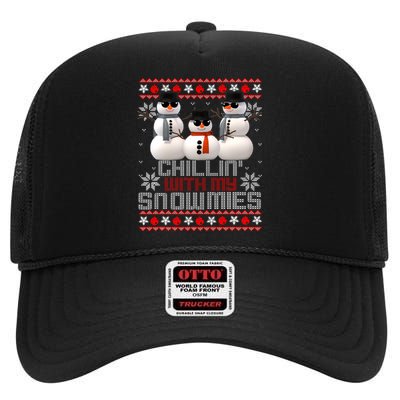 Chillin With My Snowmies Ugly Christmas Xmas Snowman High Crown Mesh Back Trucker Hat