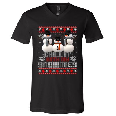 Chillin With My Snowmies Ugly Christmas Xmas Snowman V-Neck T-Shirt