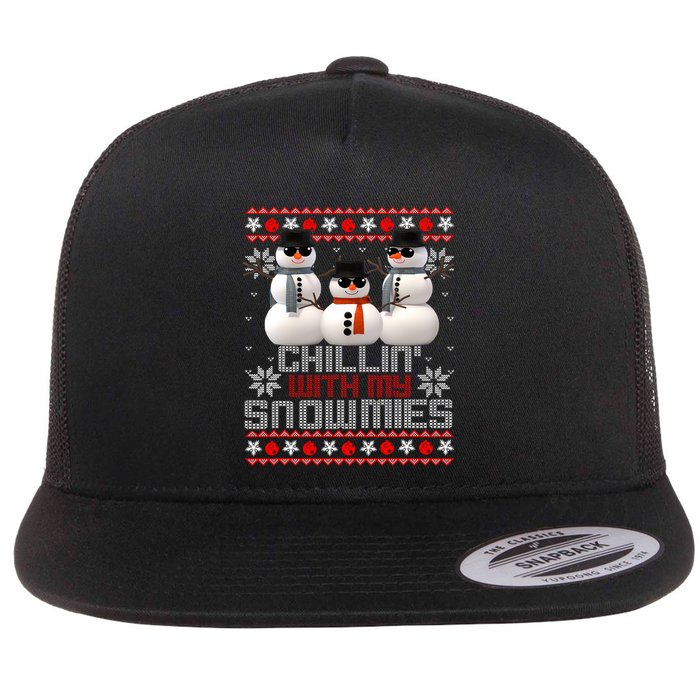 Chillin With My Snowmies Ugly Christmas Xmas Snowman Flat Bill Trucker Hat