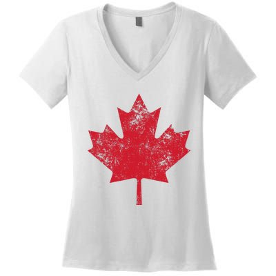 Canada Women Men Distressed Red Maple Leaf Canada Day Women's V-Neck T-Shirt