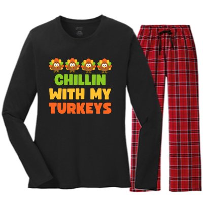 Chillin With My Turkeys Funny Thanksgiving Women's Long Sleeve Flannel Pajama Set 