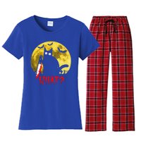 Cat What Murderous Black Cat Holding Knife Funny Halloween Women's Flannel Pajama Set