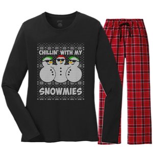 Chillin With My Snowmies Funny Ugly Christmas Women's Long Sleeve Flannel Pajama Set 