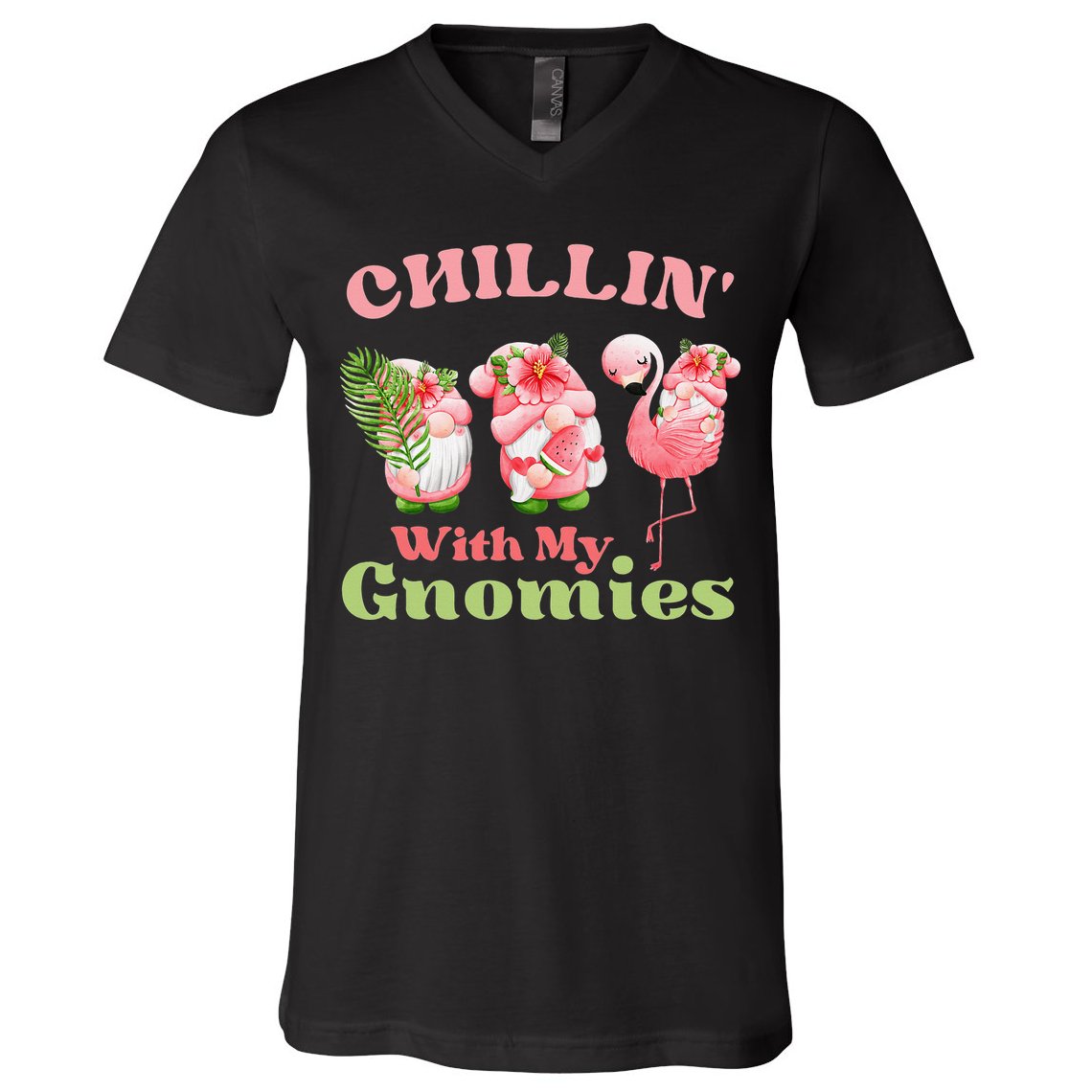 Chillin with my gnomies Tropical gnomes with a flamingo V-Neck T-Shirt