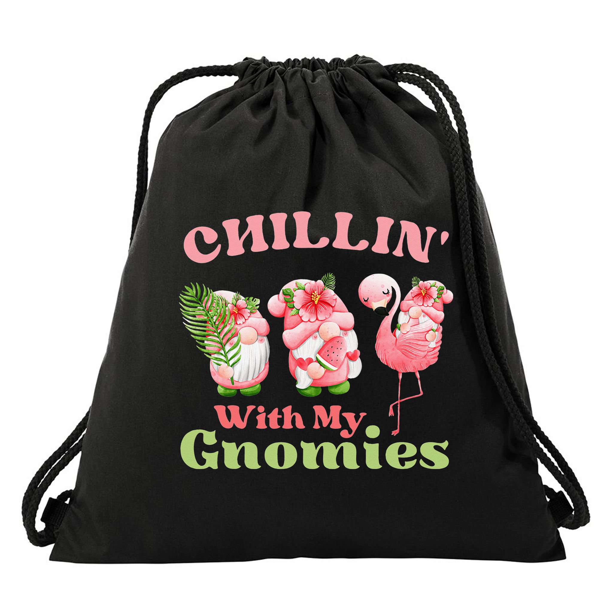 Chillin with my gnomies Tropical gnomes with a flamingo Drawstring Bag