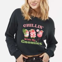 Chillin with my gnomies Tropical gnomes with a flamingo Cropped Pullover Crew