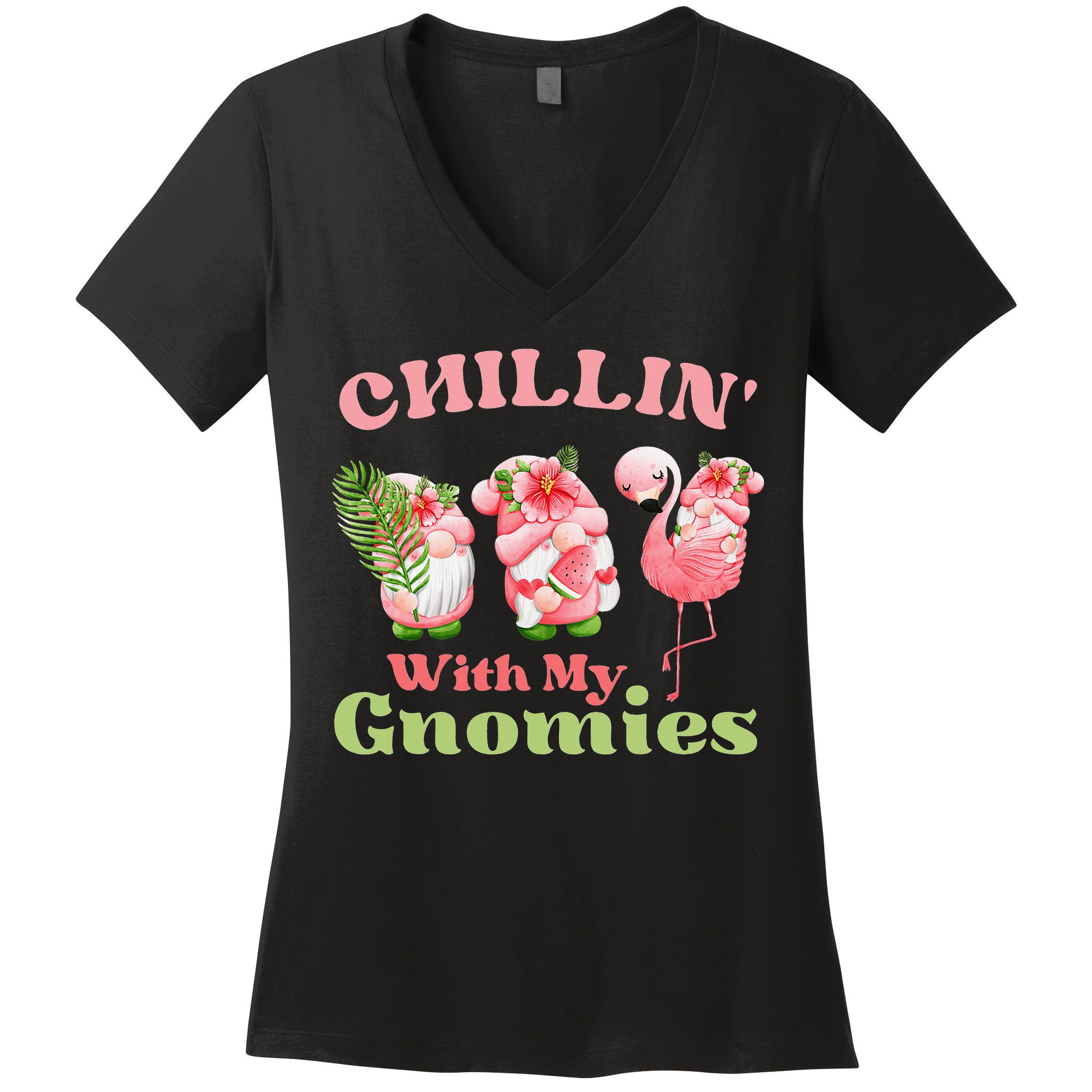 Chillin with my gnomies Tropical gnomes with a flamingo Women's V-Neck T-Shirt