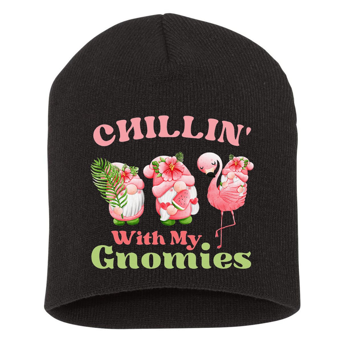 Chillin with my gnomies Tropical gnomes with a flamingo Short Acrylic Beanie
