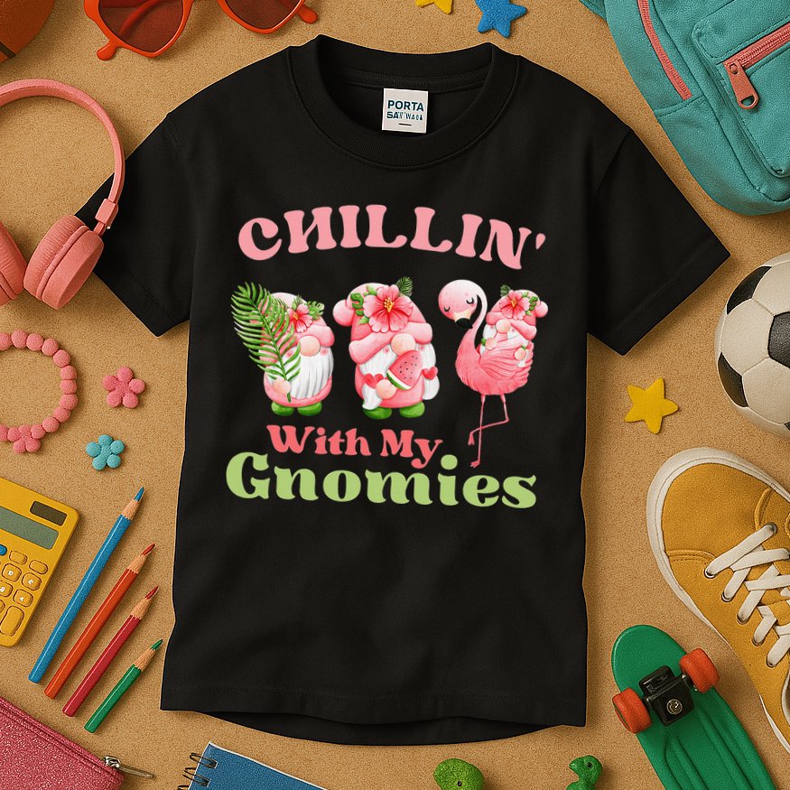 Chillin with my gnomies Tropical gnomes with a flamingo Kids T-Shirt