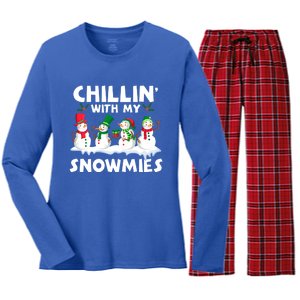 Chillin With My Snowmies Funny Snow Pajamas For Family Cute Gift Women's Long Sleeve Flannel Pajama Set 