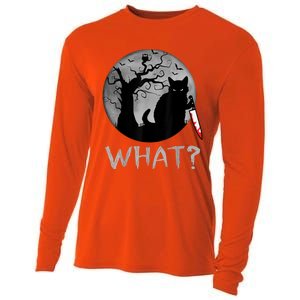 Cat What? Murderous Black Cat With Knife Halloween Costume Cooling Performance Long Sleeve Crew