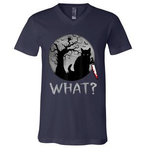 Cat What? Murderous Black Cat With Knife Halloween Costume V-Neck T-Shirt