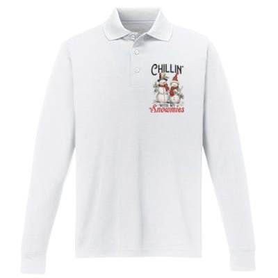 Chillin With My Snowmies | Vintage Christmas Snowmen Performance Long Sleeve Polo