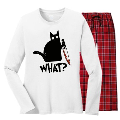 Cat What? Murderous Black Cat With Knife Gift Women's Long Sleeve Flannel Pajama Set 