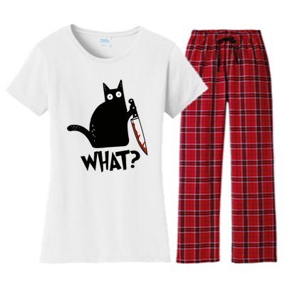 Cat What? Murderous Black Cat With Knife Gift Women's Flannel Pajama Set