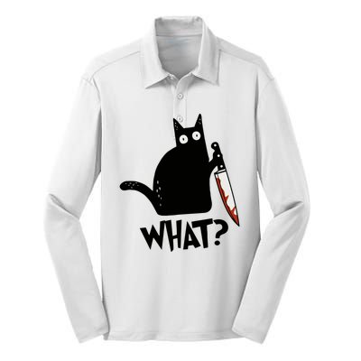 Cat What? Murderous Black Cat With Knife Gift Silk Touch Performance Long Sleeve Polo