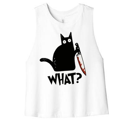 Cat What? Murderous Black Cat With Knife Gift Women's Racerback Cropped Tank