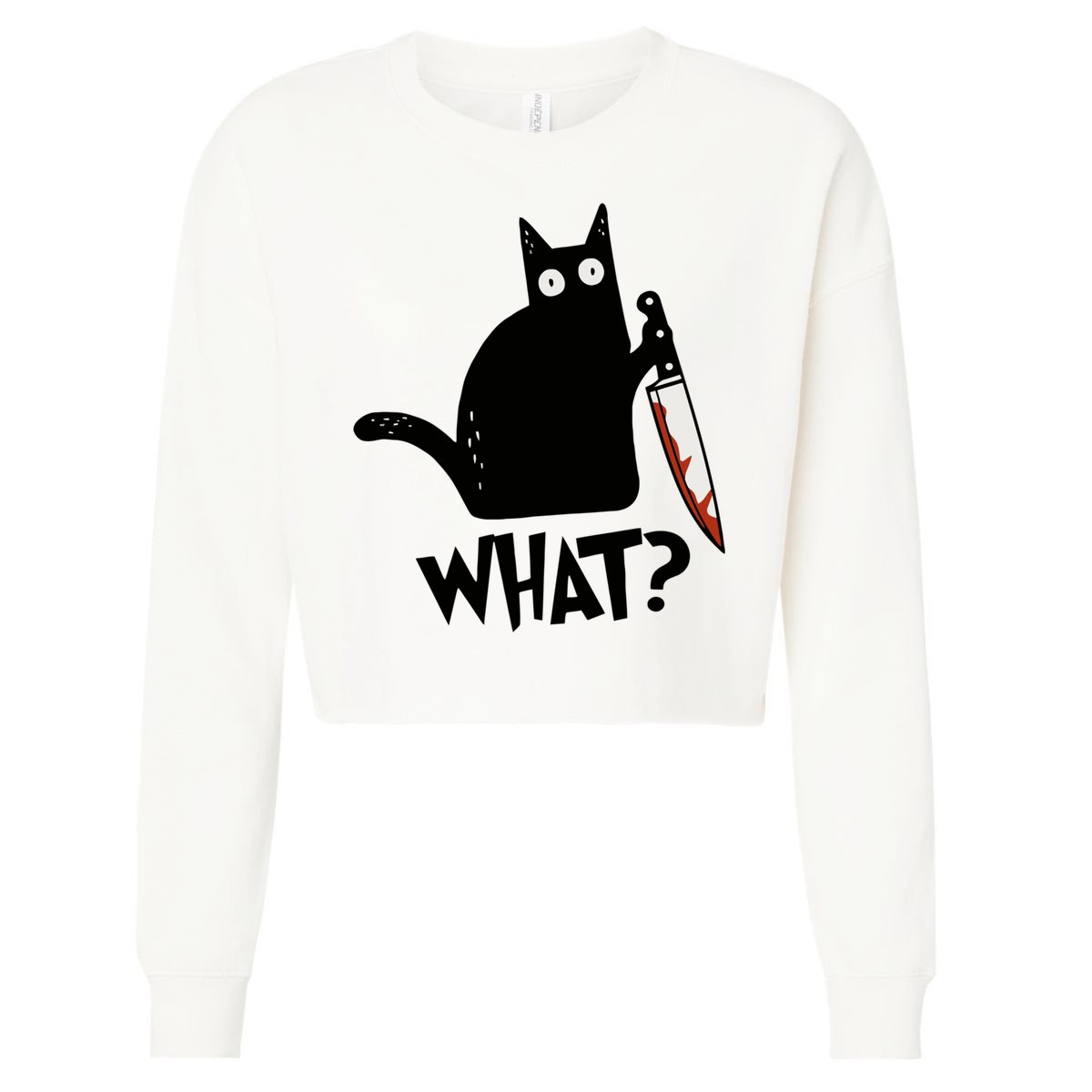 Cat What? Murderous Black Cat With Knife Gift Cropped Pullover Crew