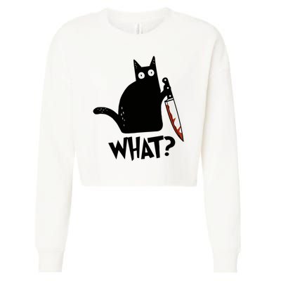 Cat What? Murderous Black Cat With Knife Gift Cropped Pullover Crew