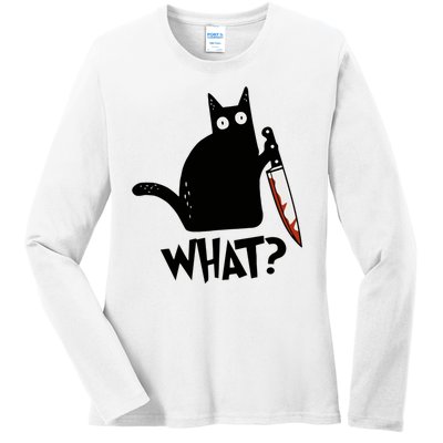 Cat What? Murderous Black Cat With Knife Gift Ladies Long Sleeve Shirt