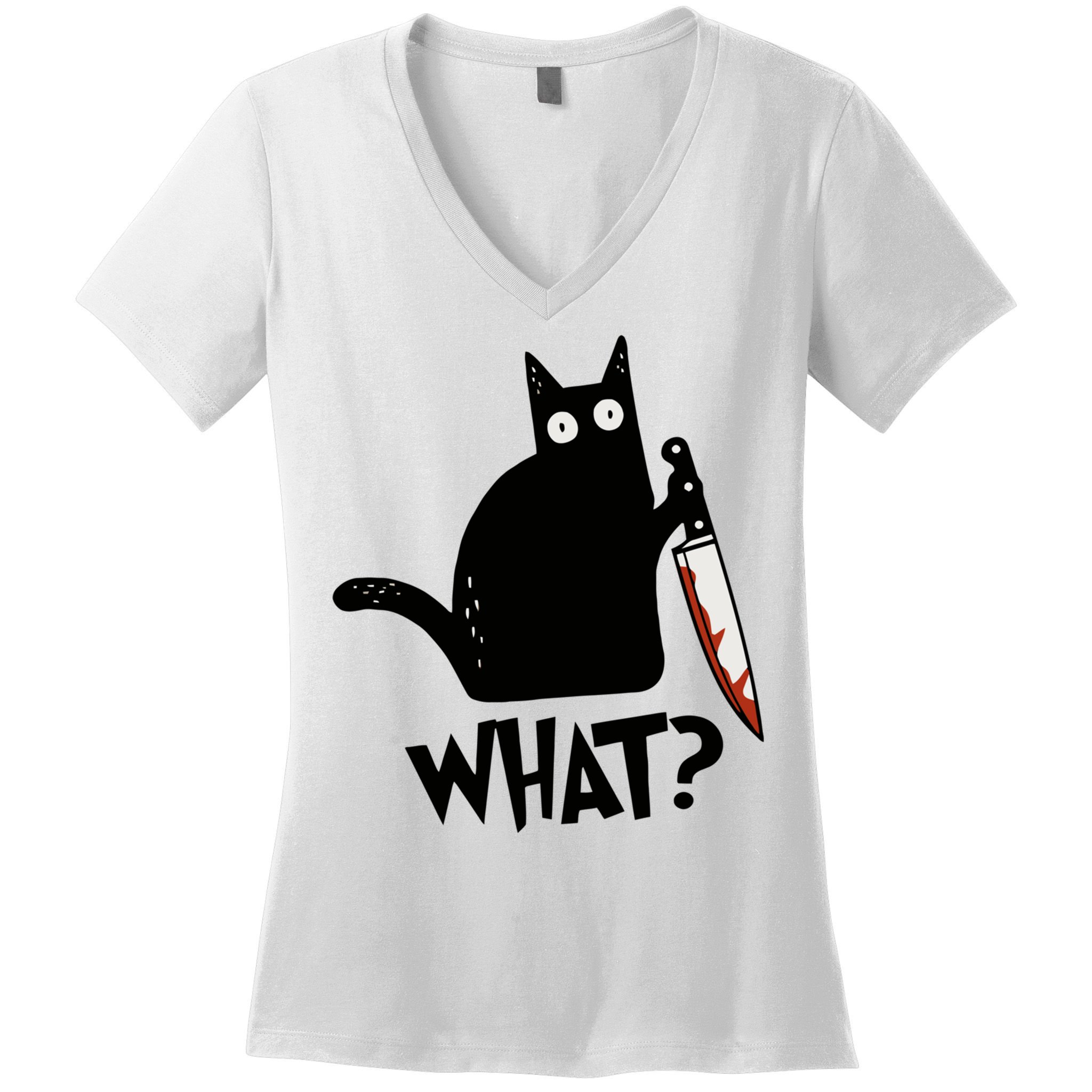Cat What? Murderous Black Cat With Knife Gift Women's V-Neck T-Shirt