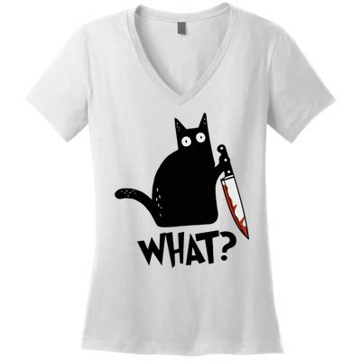 Cat What? Murderous Black Cat With Knife Gift Women's V-Neck T-Shirt