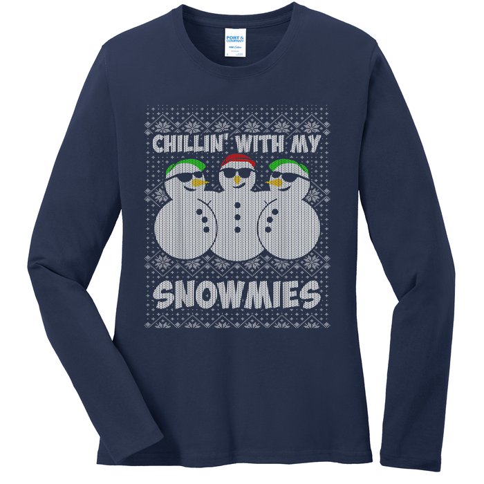 Chillin With My Snowmies Funny Ugly Christmas Ladies Long Sleeve Shirt