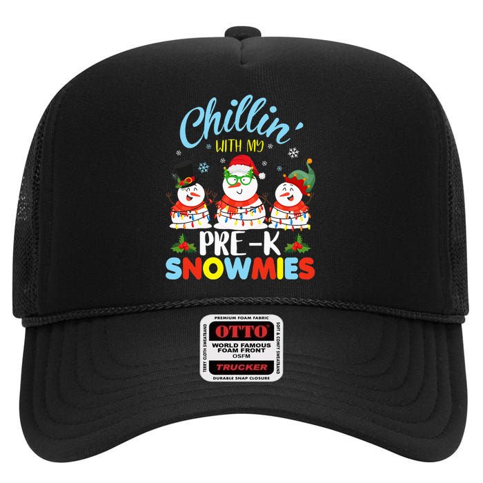 Chillin With My PreK Snowmies Teacher Christmas Xmas Lights High Crown Mesh Back Trucker Hat