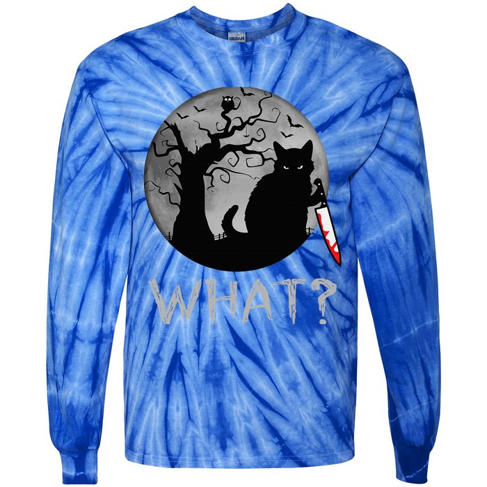 Cat What Murderous Black Cat With Knife Costume Halloween Tie-Dye Long Sleeve Shirt