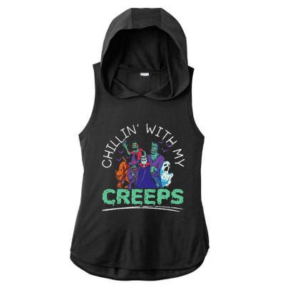 Chillin With My Creeps Halloween Party Trick Or Treat Ladies PosiCharge Tri-Blend Wicking Draft Hoodie Tank