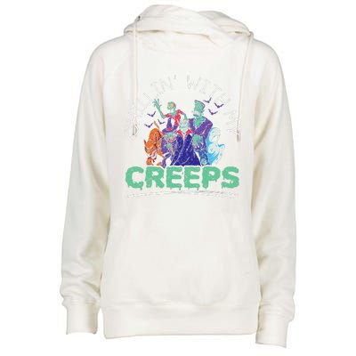 Chillin With My Creeps Halloween Party Trick Or Treat Womens Funnel Neck Pullover Hood