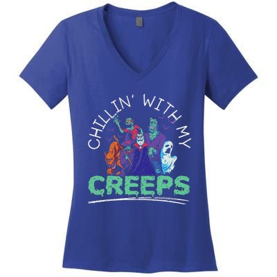 Chillin With My Creeps Halloween Party Trick Or Treat Women's V-Neck T-Shirt